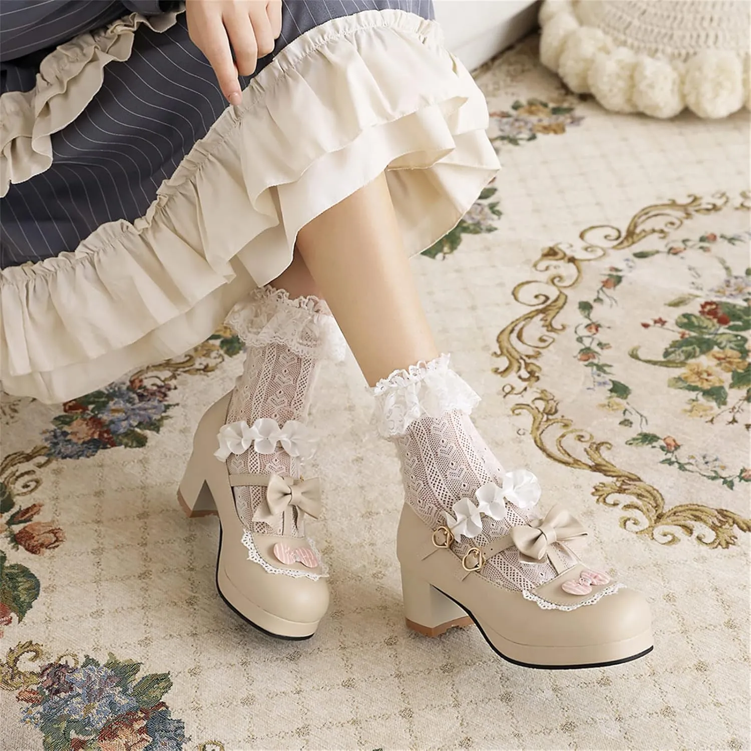 Women's Block Chunky Heel Round Toe Double Strappy Bow Heart Buckle Sweet Lolita Pumps Platform Pleated Bordered Goth Harajuku Kawaii Shoe Uniform Shoes