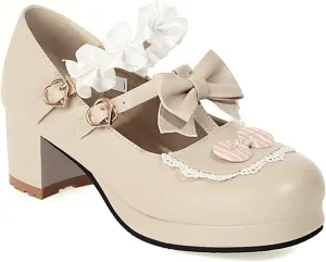 Women's Block Chunky Heel Round Toe Double Strappy Bow Heart Buckle Sweet Lolita Pumps Platform Pleated Bordered Goth Harajuku Kawaii Shoe Uniform Shoes