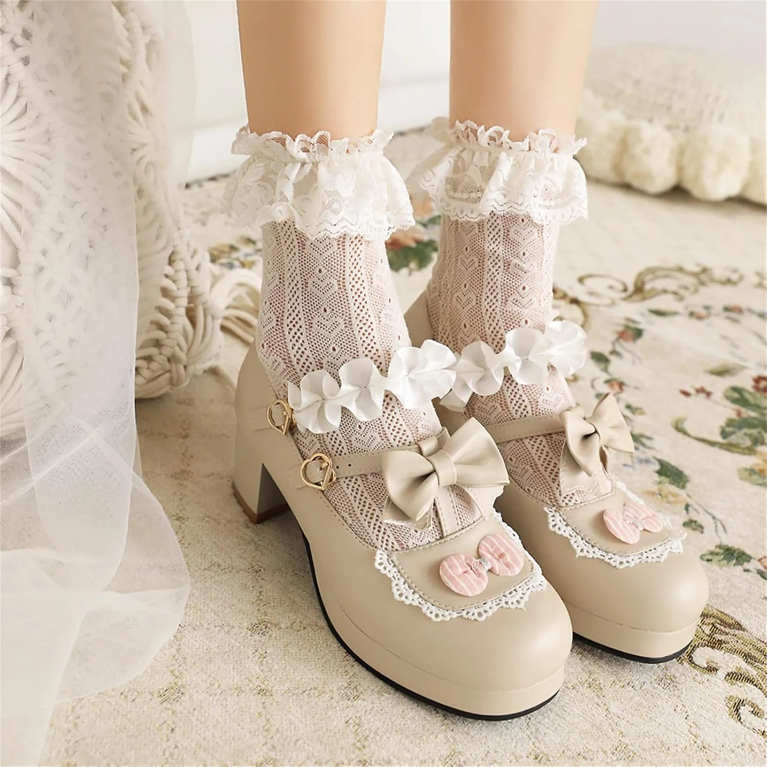 Women's Block Chunky Heel Round Toe Double Strappy Bow Heart Buckle Sweet Lolita Pumps Platform Pleated Bordered Goth Harajuku Kawaii Shoe Uniform Shoes