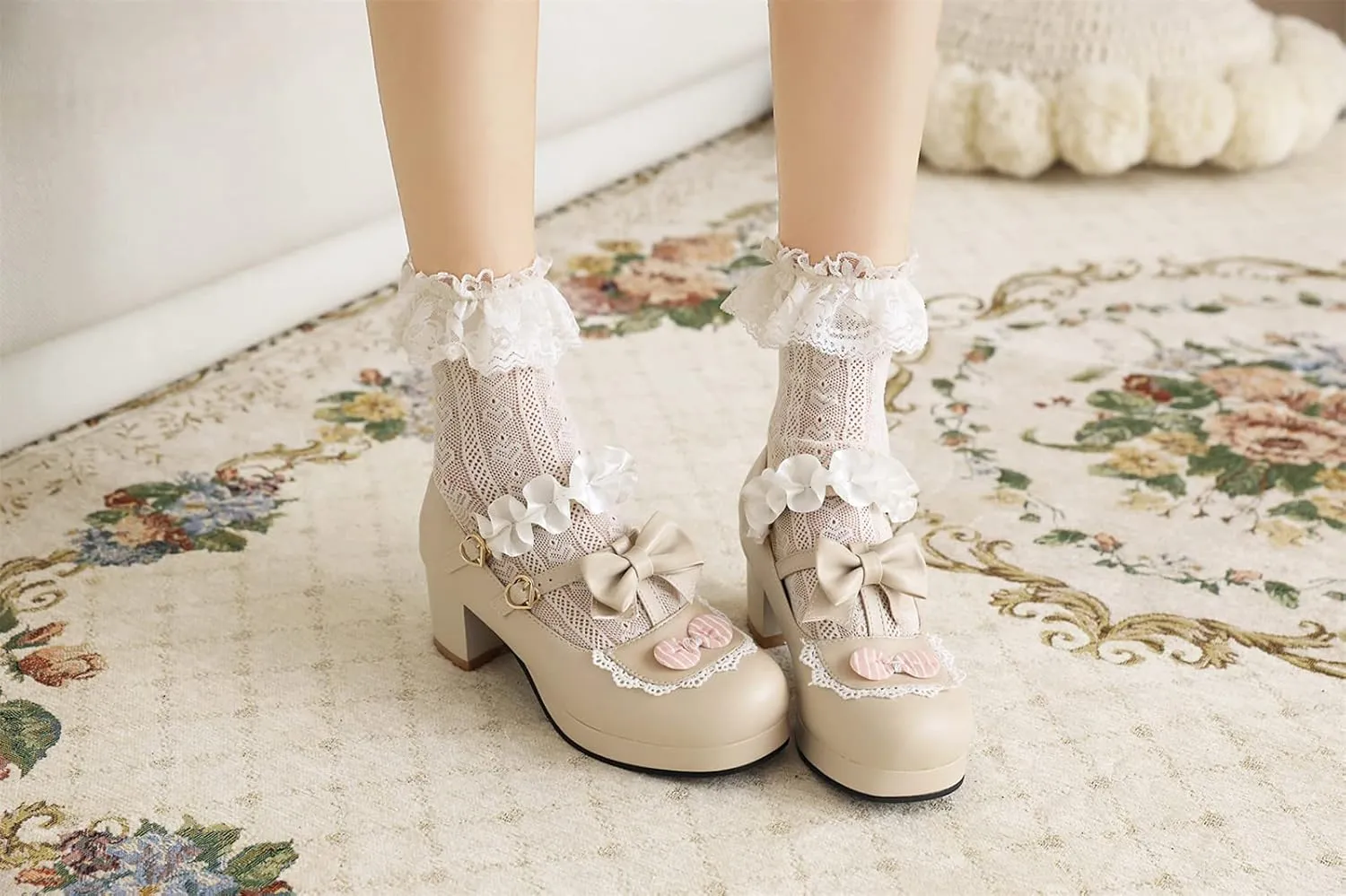 Women's Block Chunky Heel Round Toe Double Strappy Bow Heart Buckle Sweet Lolita Pumps Platform Pleated Bordered Goth Harajuku Kawaii Shoe Uniform Shoes