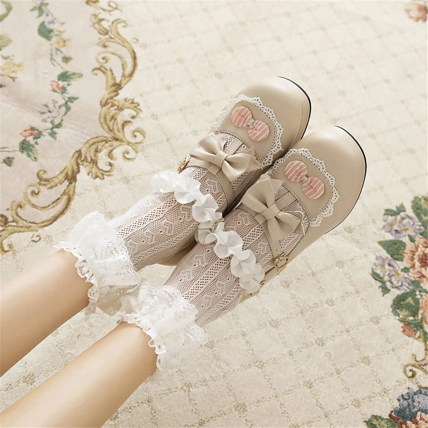 Women's Block Chunky Heel Round Toe Double Strappy Bow Heart Buckle Sweet Lolita Pumps Platform Pleated Bordered Goth Harajuku Kawaii Shoe Uniform Shoes