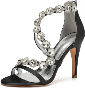 Women's Bridal Wedding Sandals High Heels Crystal Satin Ankle Strap Rhinestones Zipper Back Formal Evening Prom Party Dress Shoes Pumps