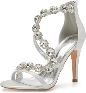 Women's Bridal Wedding Sandals High Heels Crystal Satin Ankle Strap Rhinestones Zipper Back Formal Evening Prom Party Dress Shoes Pumps