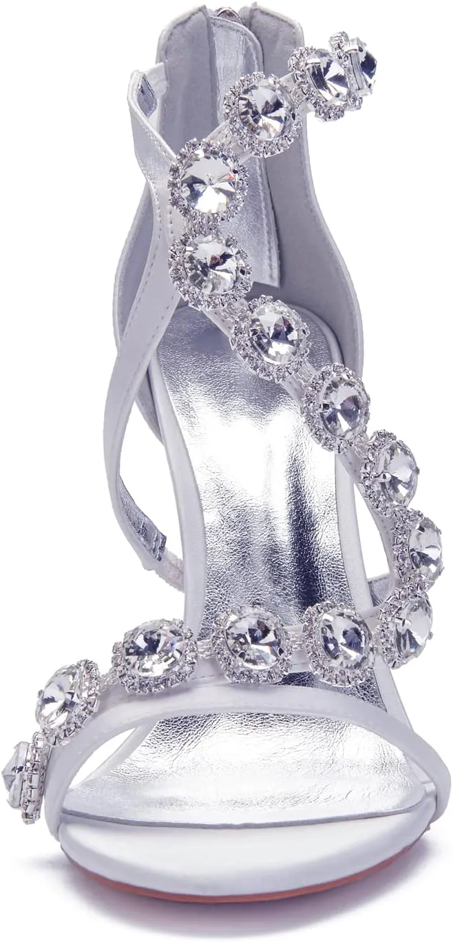 Women's Bridal Wedding Sandals High Heels Crystal Satin Ankle Strap Rhinestones Zipper Back Formal Evening Prom Party Dress Shoes Pumps