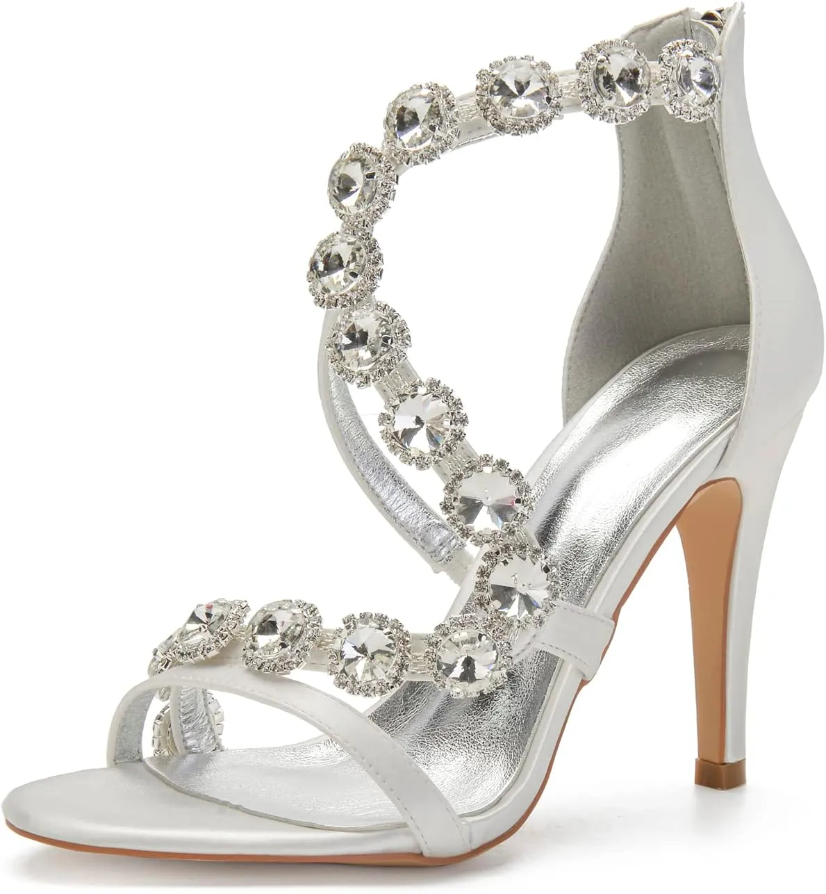 Women's Bridal Wedding Sandals High Heels Crystal Satin Ankle Strap Rhinestones Zipper Back Formal Evening Prom Party Dress Shoes Pumps