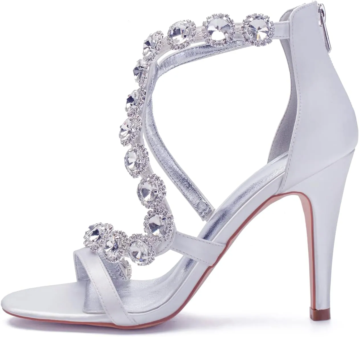 Women's Bridal Wedding Sandals High Heels Crystal Satin Ankle Strap Rhinestones Zipper Back Formal Evening Prom Party Dress Shoes Pumps