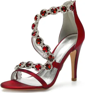 Women's Bridal Wedding Sandals High Heels Crystal Satin Ankle Strap Rhinestones Zipper Back Formal Evening Prom Party Dress Shoes Pumps