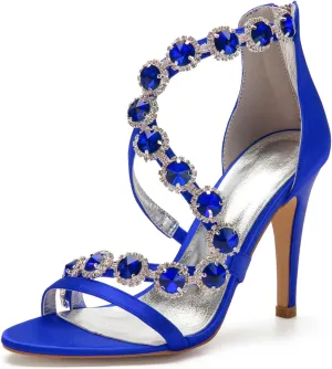 Women's Bridal Wedding Sandals High Heels Crystal Satin Ankle Strap Rhinestones Zipper Back Formal Evening Prom Party Dress Shoes Pumps