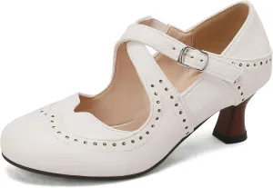 Women's Brown Classic Leather Stacked Heel Dress Round Toe Elegant Office Pumps