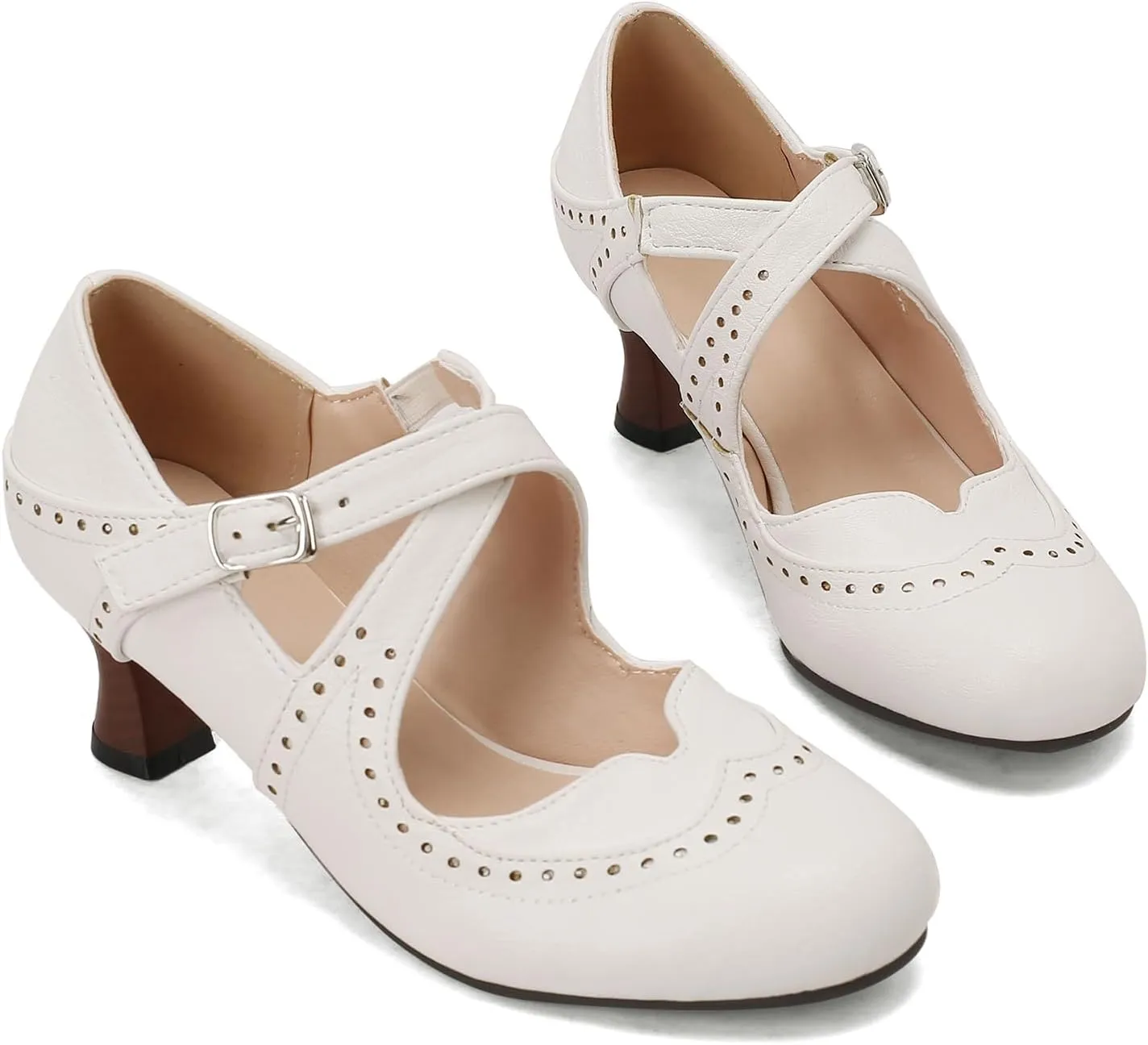 Women's Brown Classic Leather Stacked Heel Dress Round Toe Elegant Office Pumps