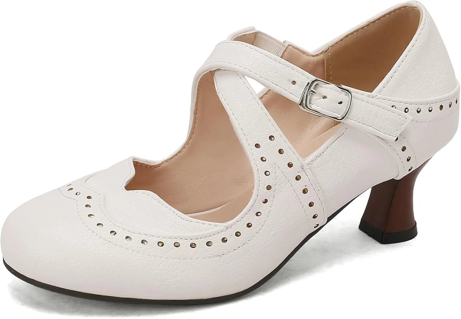 Women's Brown Classic Leather Stacked Heel Dress Round Toe Elegant Office Pumps