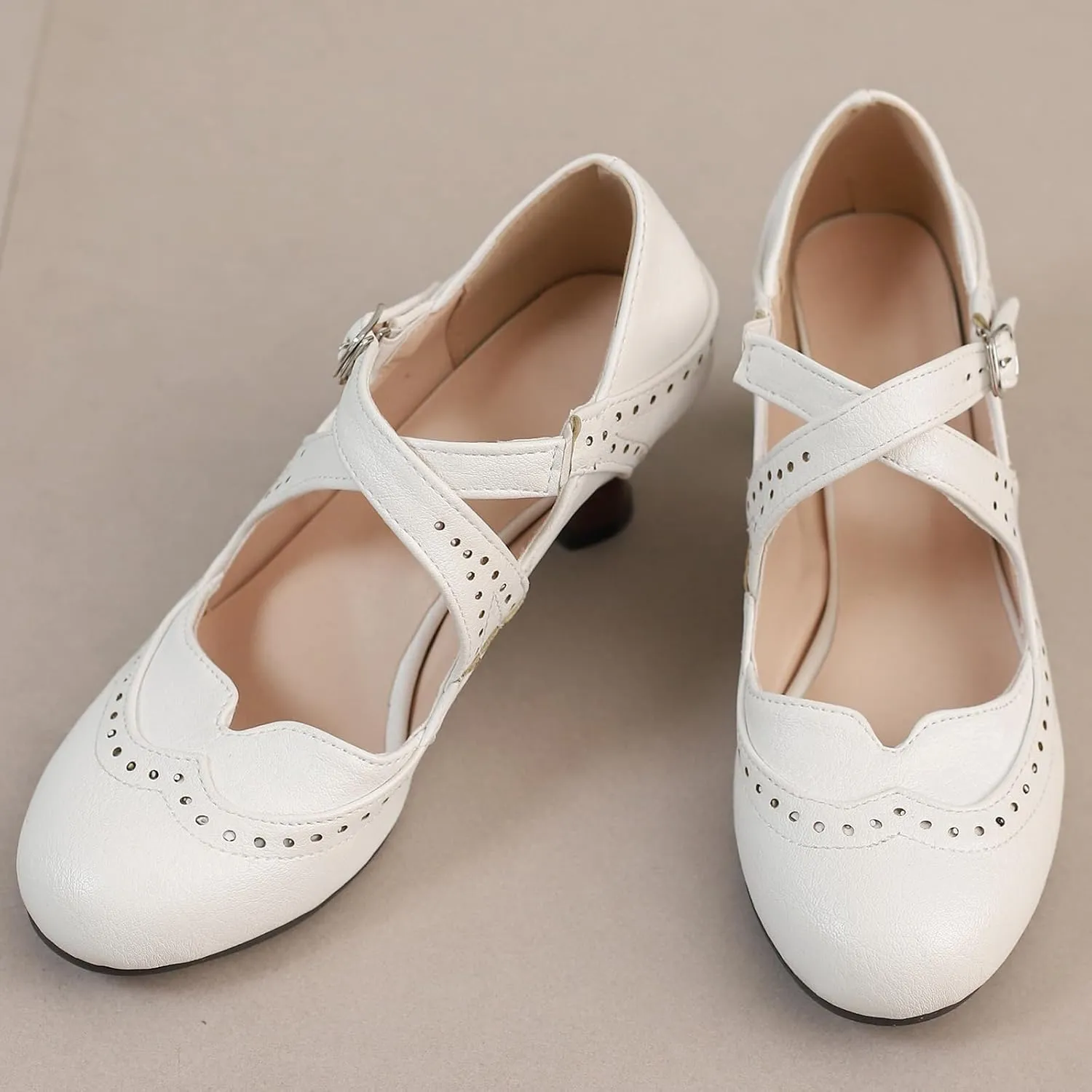 Women's Brown Classic Leather Stacked Heel Dress Round Toe Elegant Office Pumps