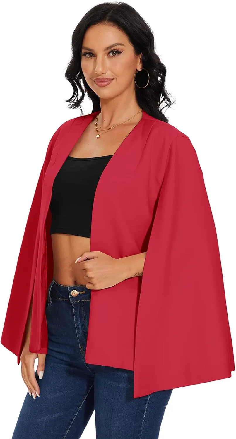 Womens Cape Blazer - Split Sleeve Open Front Casual Jacket Coat Workwear Elegant Formal Cape Coat