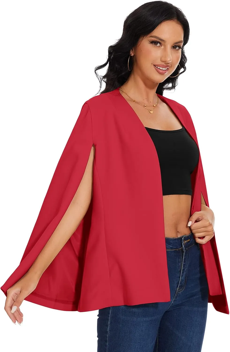Womens Cape Blazer - Split Sleeve Open Front Casual Jacket Coat Workwear Elegant Formal Cape Coat