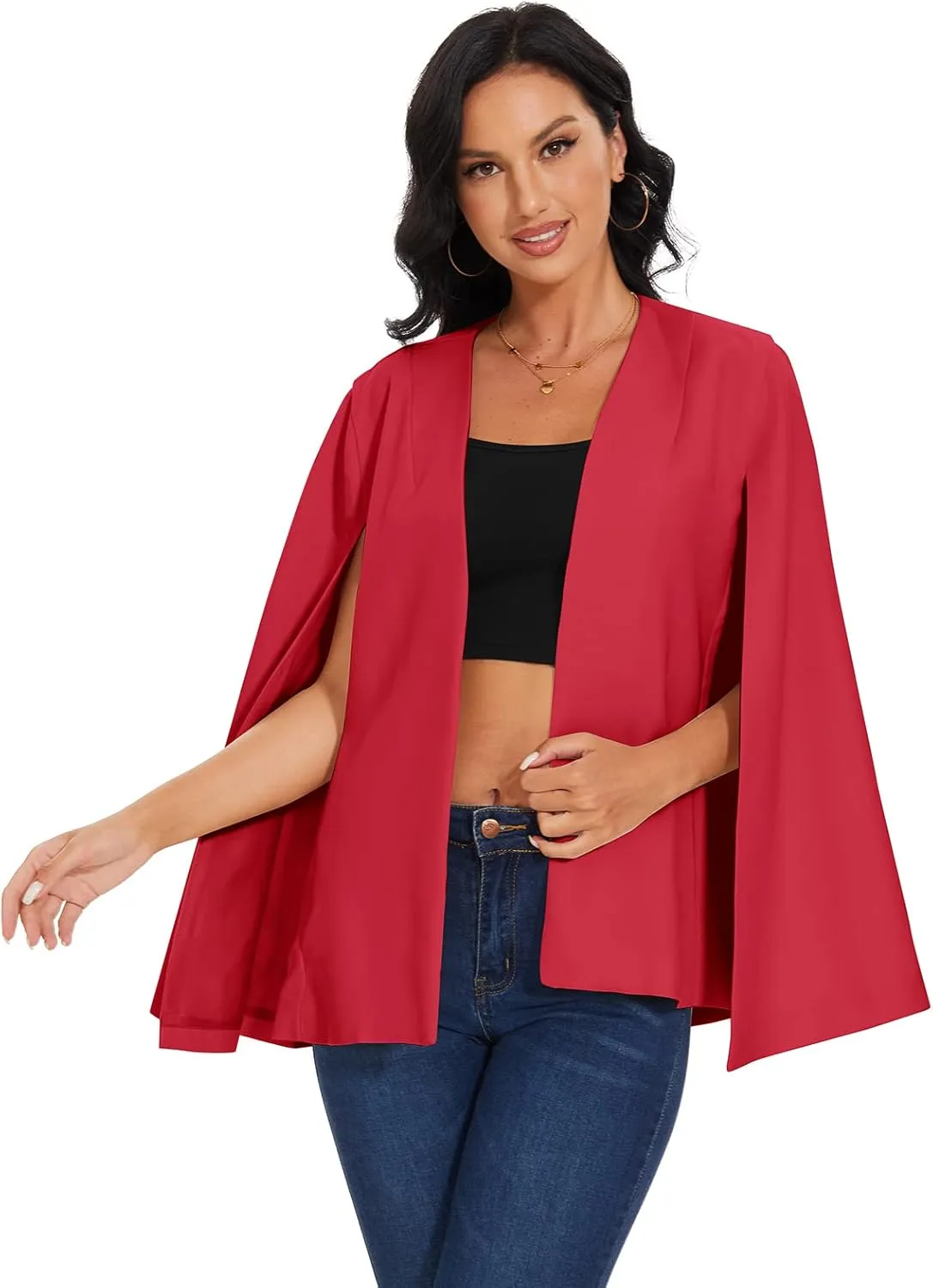 Womens Cape Blazer - Split Sleeve Open Front Casual Jacket Coat Workwear Elegant Formal Cape Coat