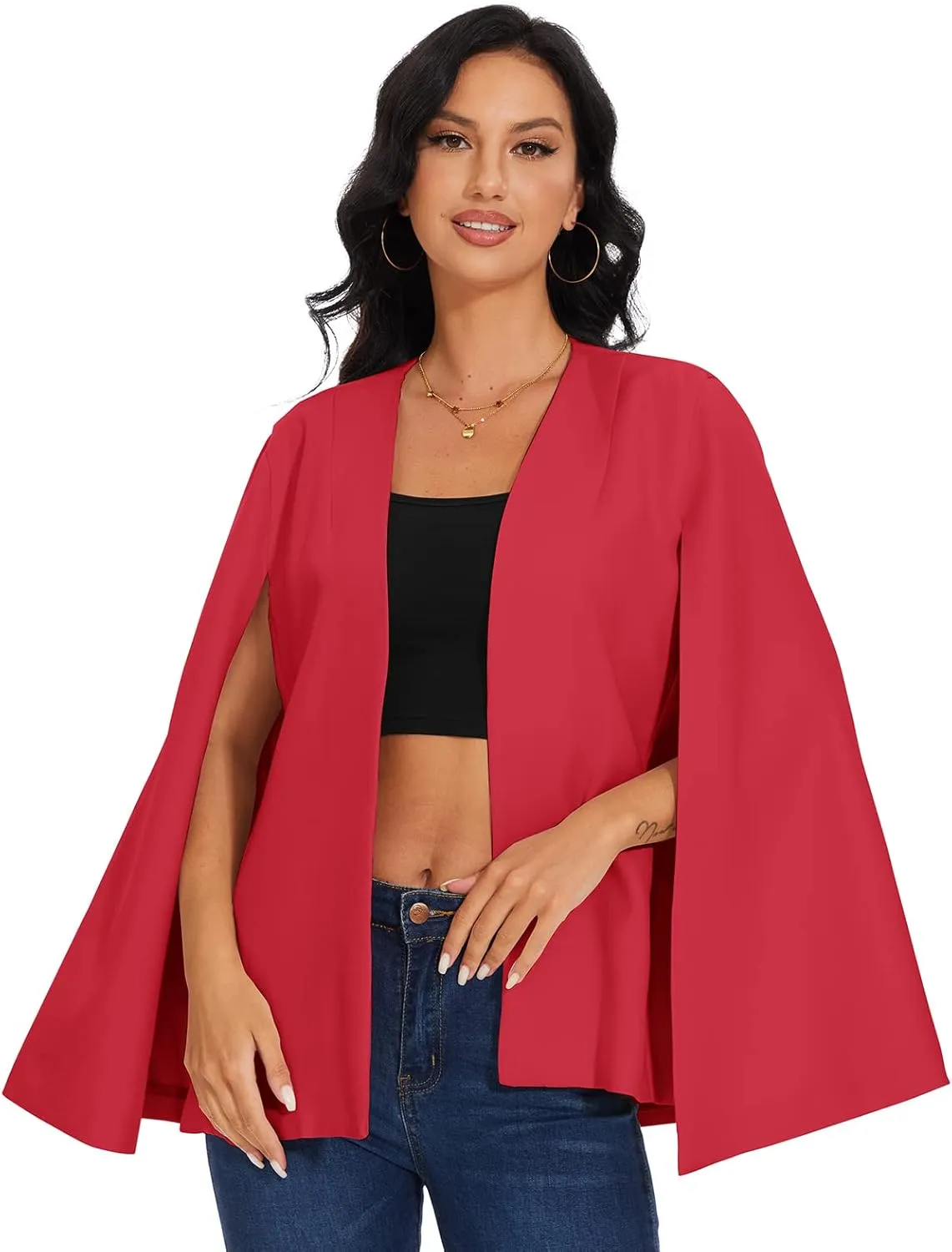 Womens Cape Blazer - Split Sleeve Open Front Casual Jacket Coat Workwear Elegant Formal Cape Coat