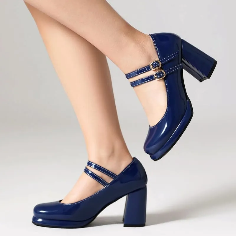 Women's Chunky Heels Platform Mary Janes Square Toe Pumps 3 Strap Patent Leather Block High Heel Dress Shoes