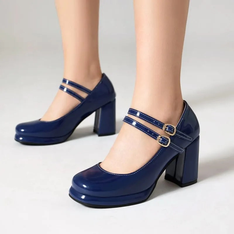 Women's Chunky Heels Platform Mary Janes Square Toe Pumps 3 Strap Patent Leather Block High Heel Dress Shoes