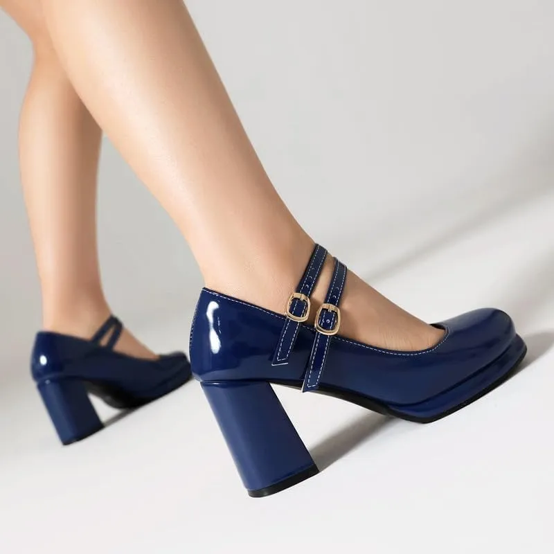 Women's Chunky Heels Platform Mary Janes Square Toe Pumps 3 Strap Patent Leather Block High Heel Dress Shoes