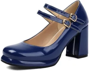 Women's Chunky Heels Platform Mary Janes Square Toe Pumps 3 Strap Patent Leather Block High Heel Dress Shoes