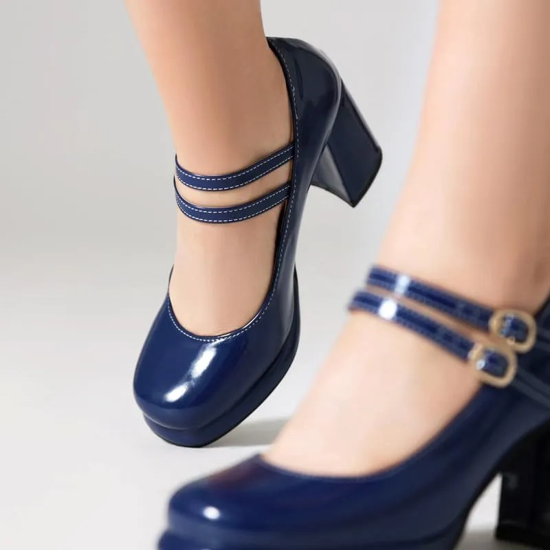Women's Chunky Heels Platform Mary Janes Square Toe Pumps 3 Strap Patent Leather Block High Heel Dress Shoes