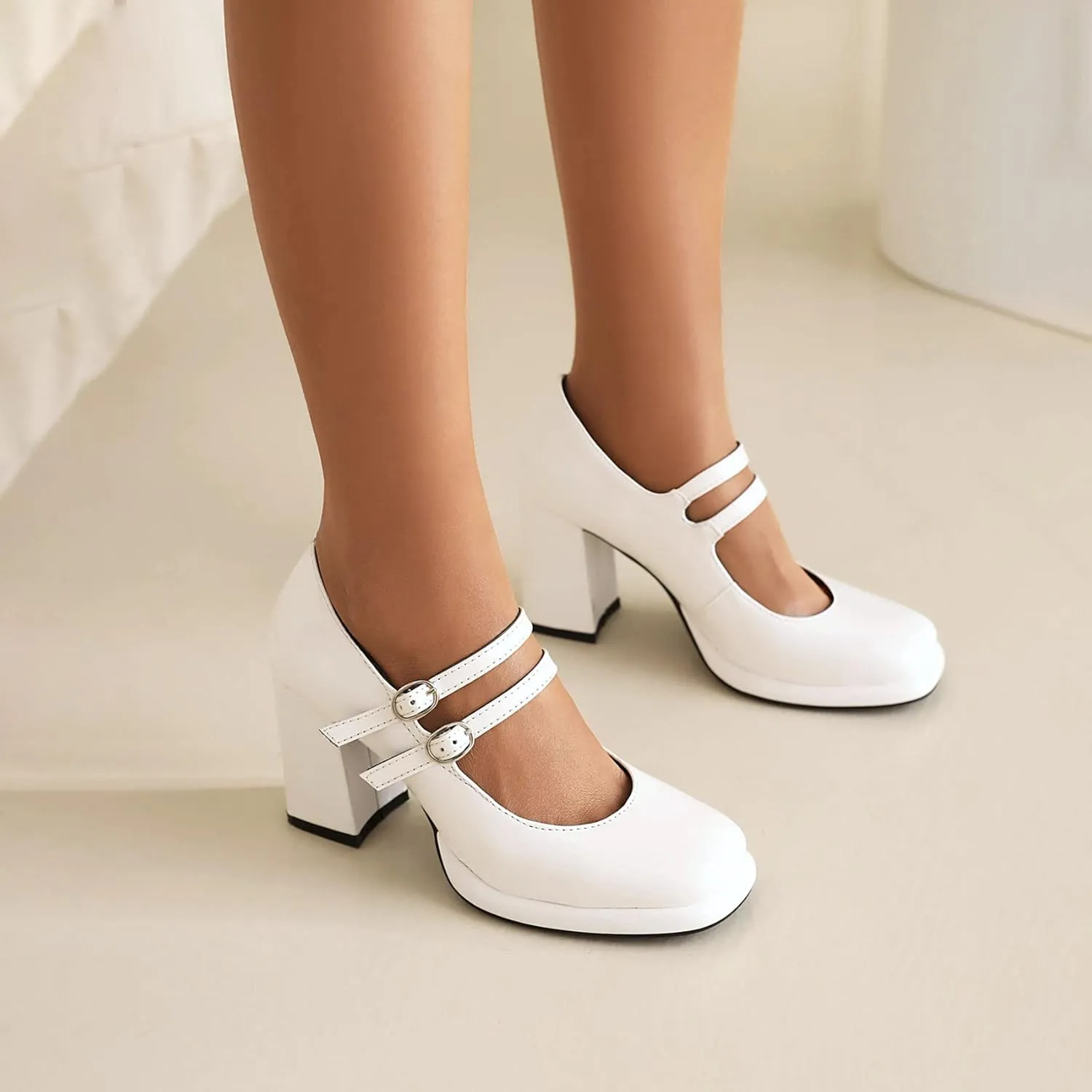 Women's Chunky Heels Platform Mary Janes Square Toe Pumps 3 Strap Patent Leather Block High Heel Dress Shoes
