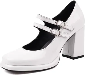 Women's Chunky Heels Platform Mary Janes Square Toe Pumps 3 Strap Patent Leather Block High Heel Dress Shoes