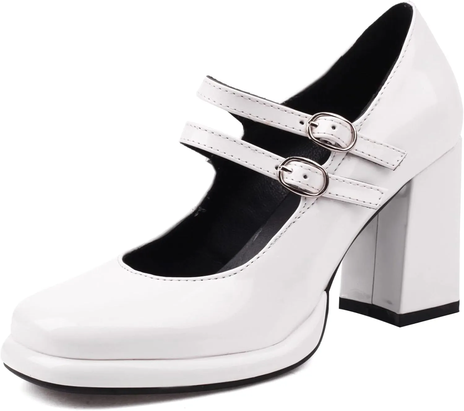 Women's Chunky Heels Platform Mary Janes Square Toe Pumps 3 Strap Patent Leather Block High Heel Dress Shoes