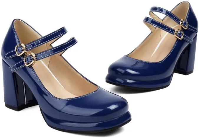 Women's Chunky Heels Platform Mary Janes Square Toe Pumps 3 Strap Patent Leather Block High Heel Dress Shoes