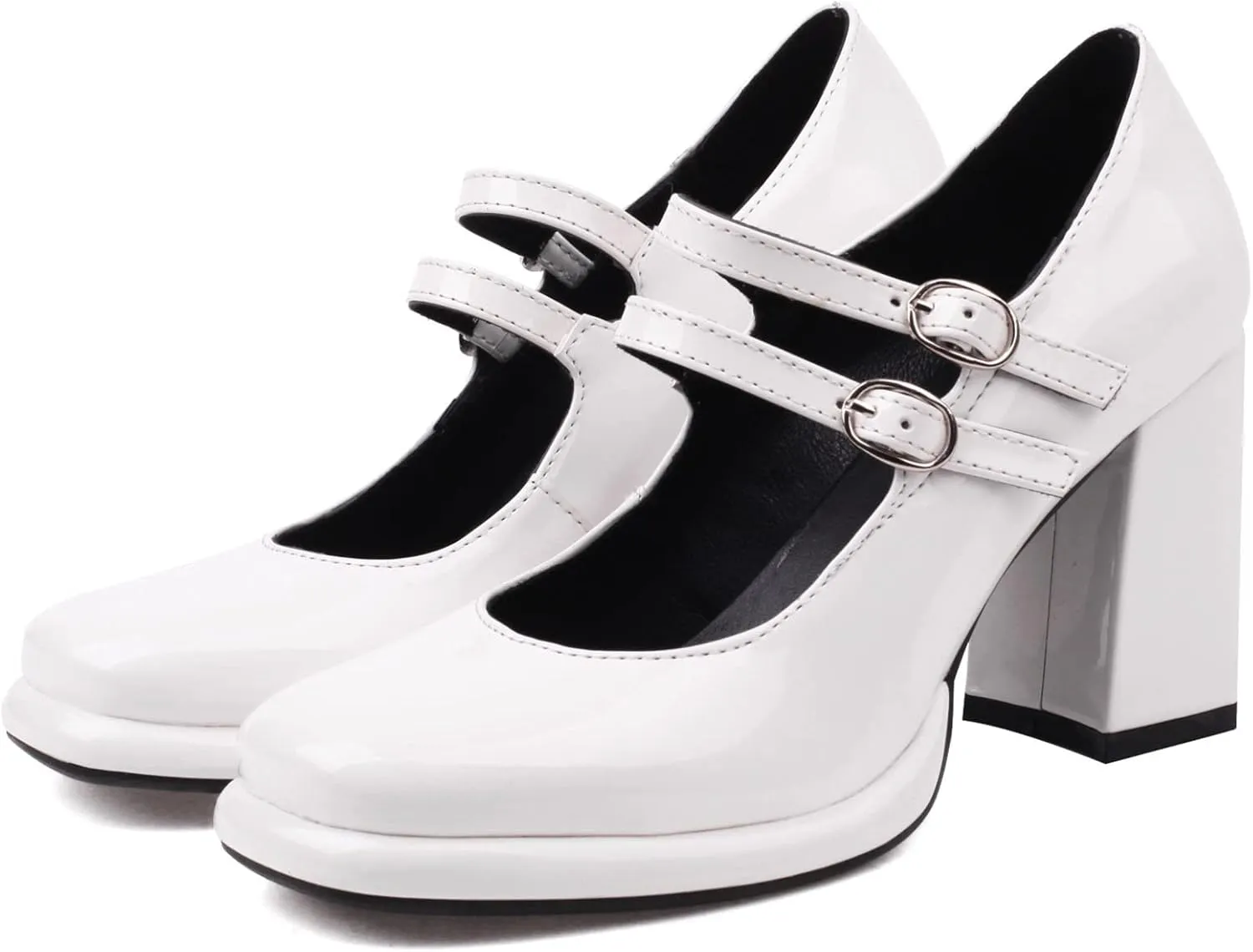 Women's Chunky Heels Platform Mary Janes Square Toe Pumps 3 Strap Patent Leather Block High Heel Dress Shoes