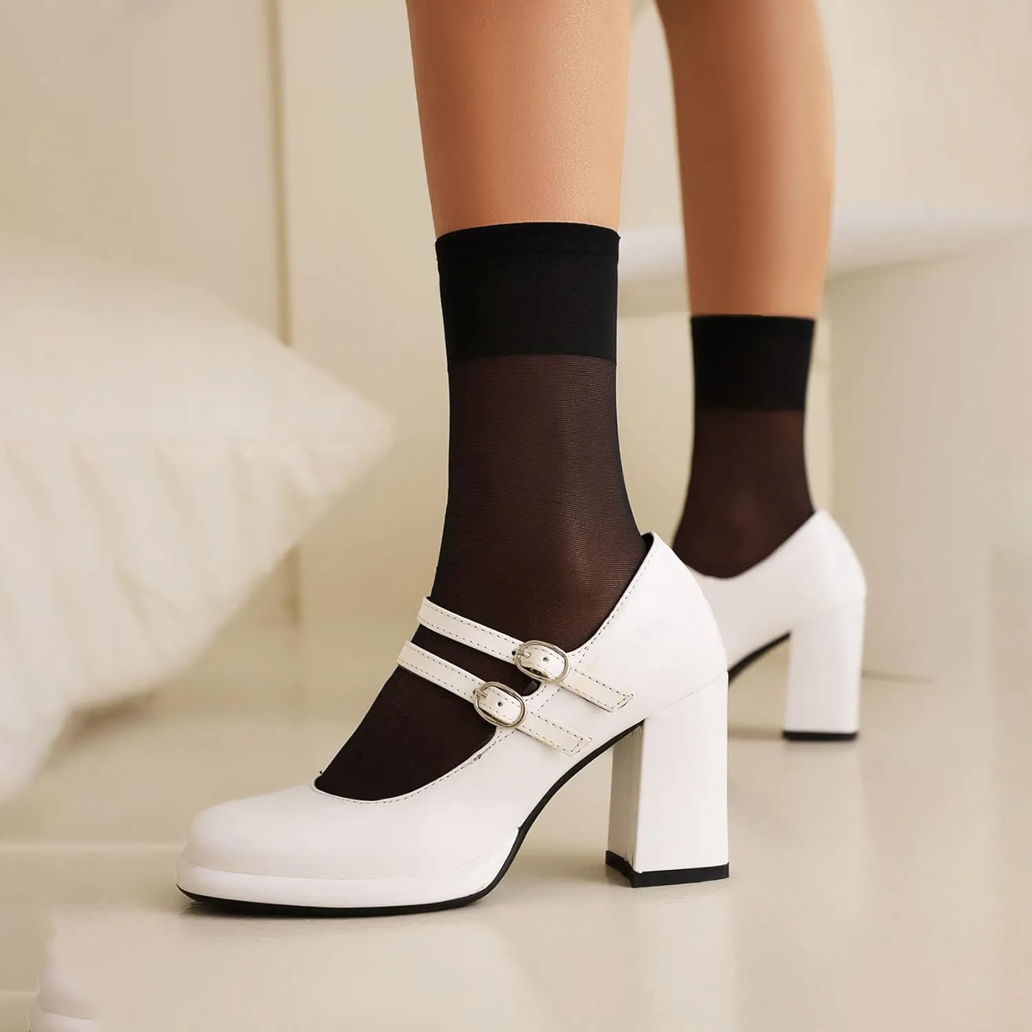 Women's Chunky Heels Platform Mary Janes Square Toe Pumps 3 Strap Patent Leather Block High Heel Dress Shoes