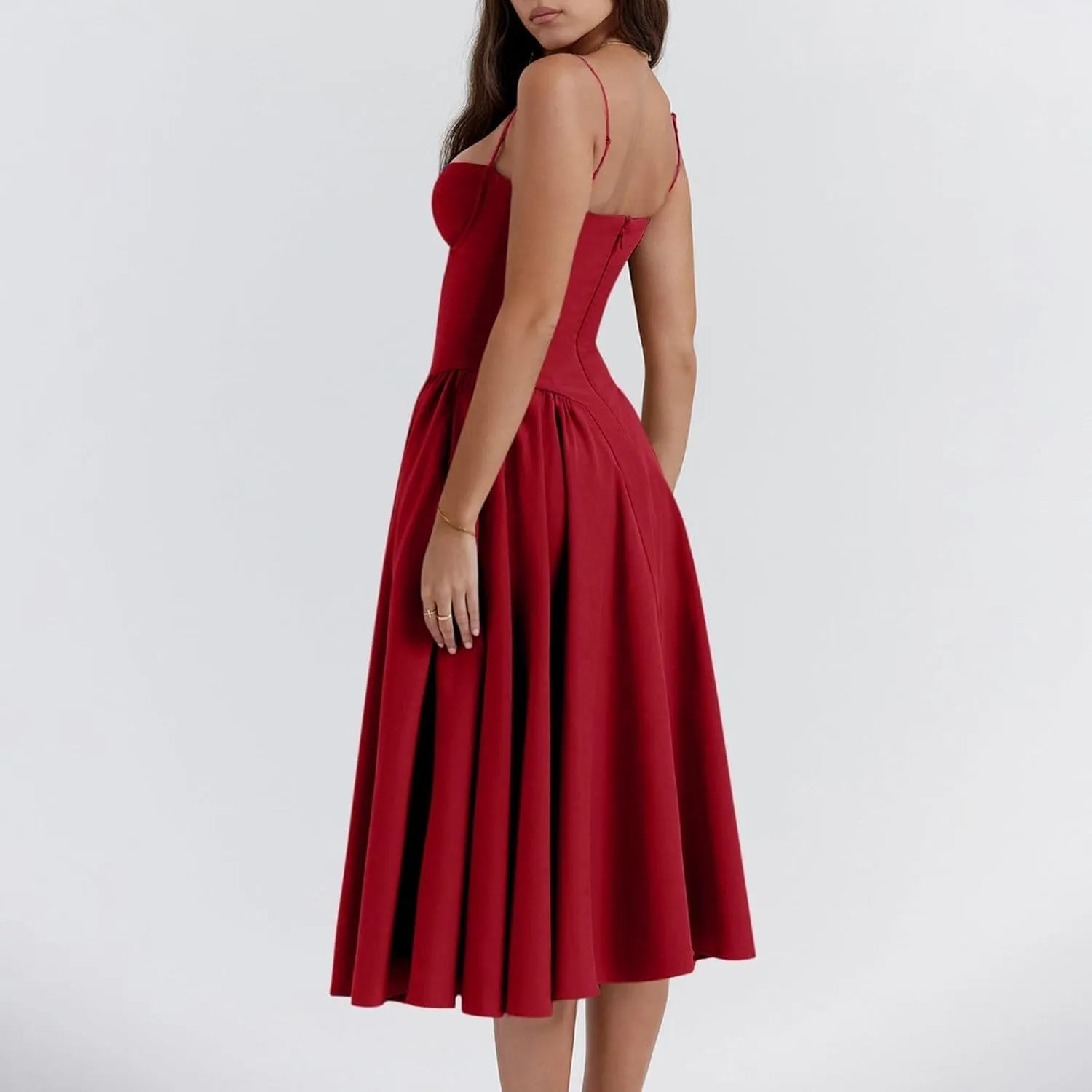 Womens Corset Dress Elegant Spaghetti Strap Bustier Midi Dress Flowy Pleated Hem Low Cut Prom Dresses with Pockets