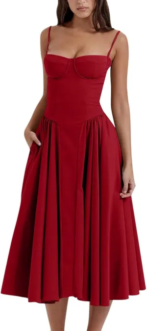 Womens Corset Dress Elegant Spaghetti Strap Bustier Midi Dress Flowy Pleated Hem Low Cut Prom Dresses with Pockets
