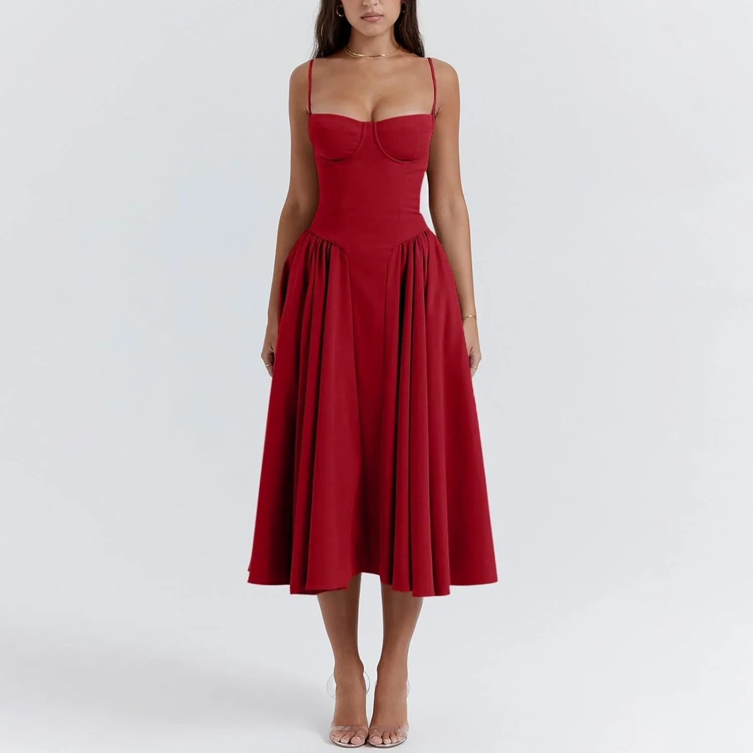 Womens Corset Dress Elegant Spaghetti Strap Bustier Midi Dress Flowy Pleated Hem Low Cut Prom Dresses with Pockets