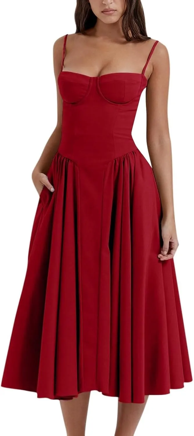 Womens Corset Dress Elegant Spaghetti Strap Bustier Midi Dress Flowy Pleated Hem Low Cut Prom Dresses with Pockets