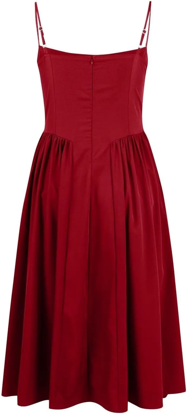 Womens Corset Dress Elegant Spaghetti Strap Bustier Midi Dress Flowy Pleated Hem Low Cut Prom Dresses with Pockets