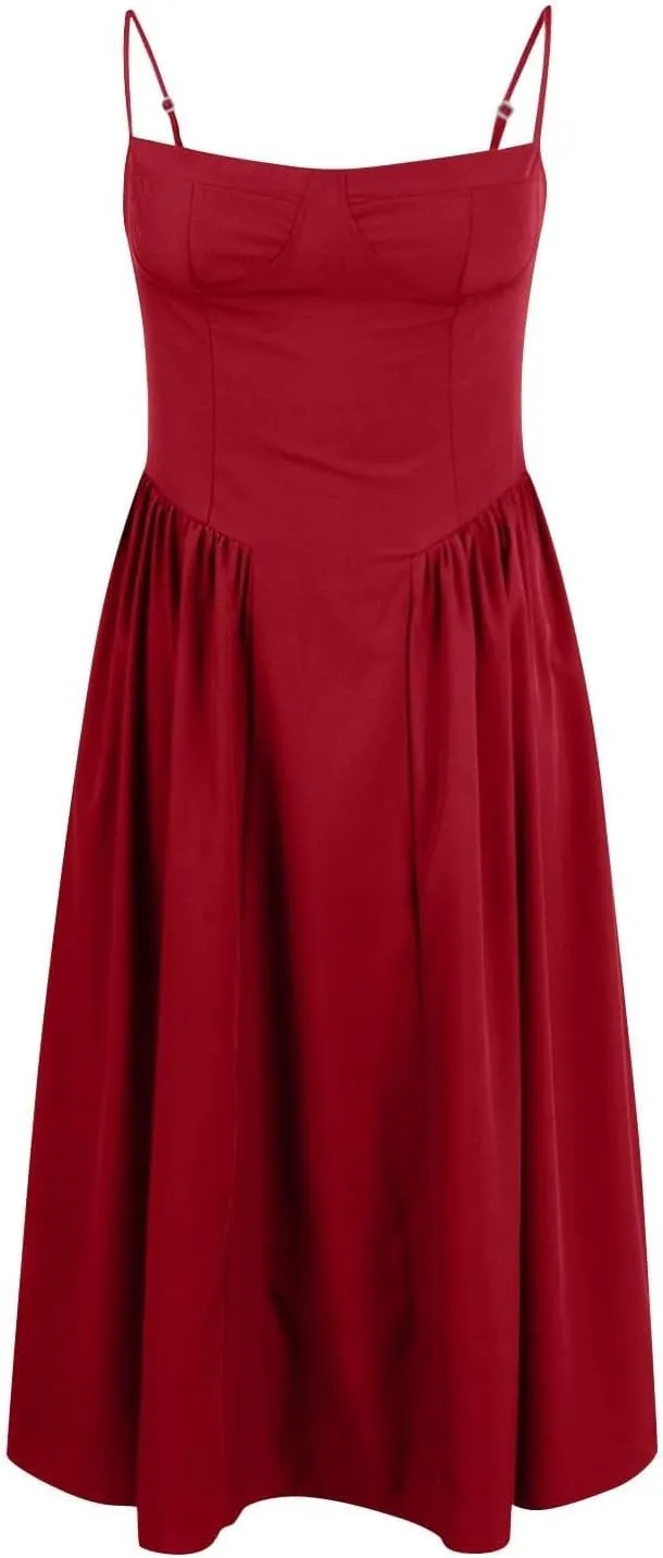 Womens Corset Dress Elegant Spaghetti Strap Bustier Midi Dress Flowy Pleated Hem Low Cut Prom Dresses with Pockets