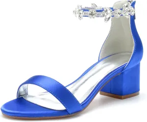 Women's Crystal Block Heels Satin Wedding Shoes for Bride Low Heels Comfortable Bridal Shoes White Heels Chunky Formal Evening Party Prom Sandals Pumps