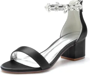 Women's Crystal Block Heels Satin Wedding Shoes for Bride Low Heels Comfortable Bridal Shoes White Heels Chunky Formal Evening Party Prom Sandals Pumps