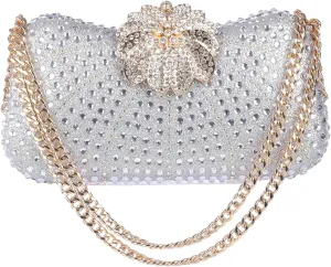 Women's Crystal Evening Clutch Purse Rhinestone Flower Clasp Wedding Handbag