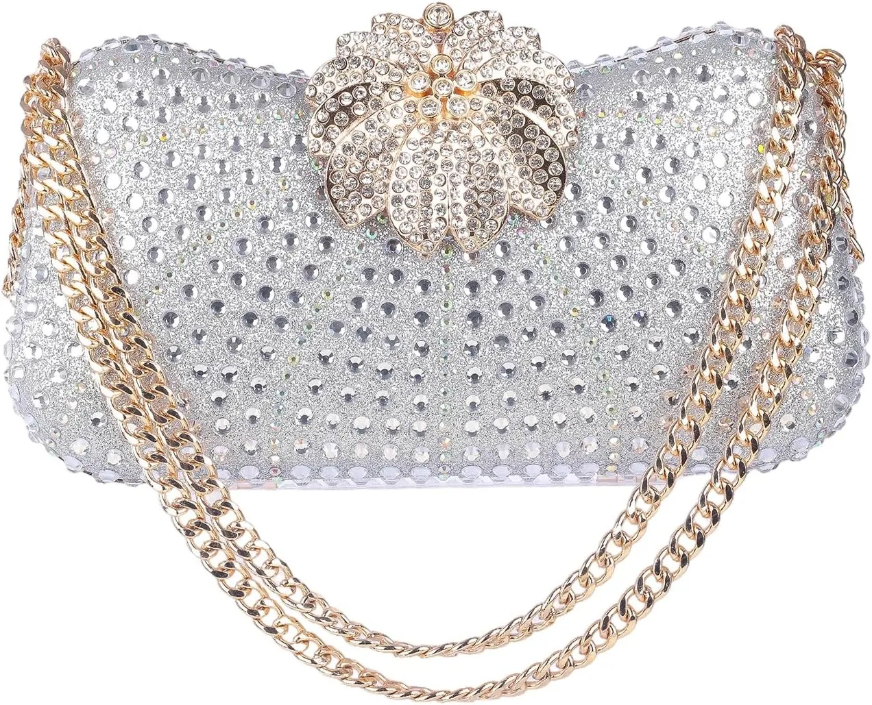 Women's Crystal Evening Clutch Purse Rhinestone Flower Clasp Wedding Handbag