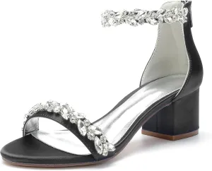 Women's Crystal Satin Wedding Shoes for Bride Low Heels Comfortable Bridal Shoes White Block Heels Chunky Formal Evening Party Prom Sandals Pumps