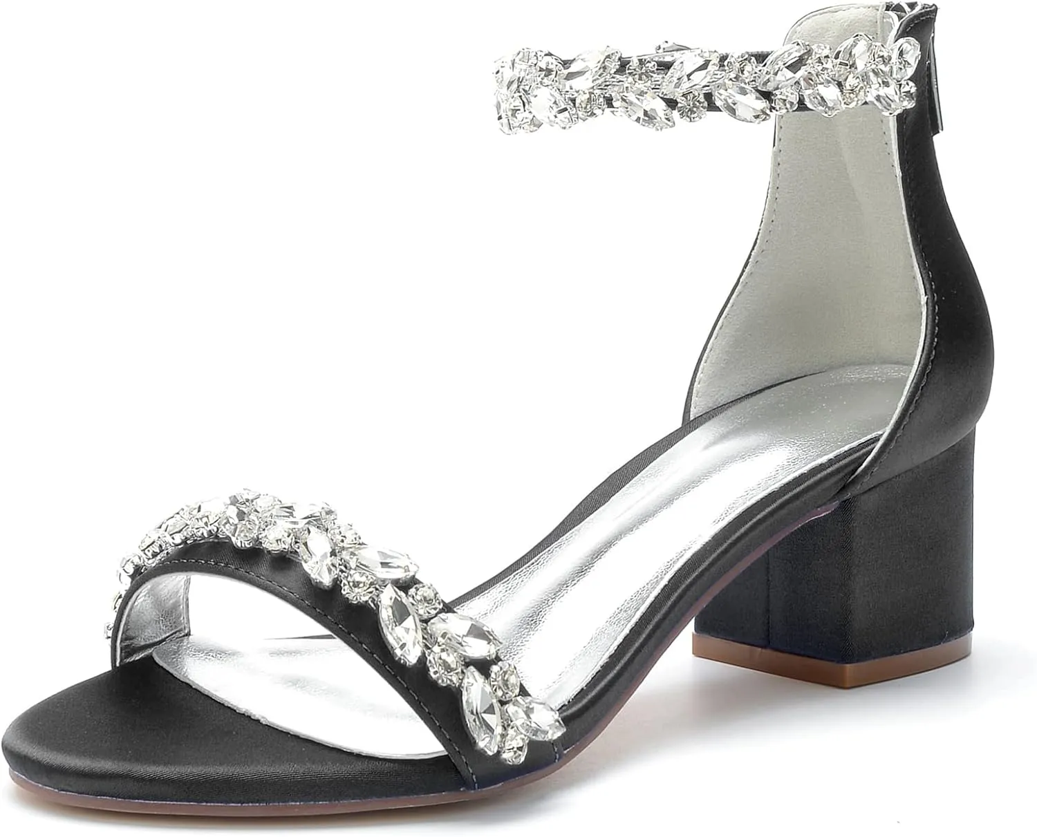 Women's Crystal Satin Wedding Shoes for Bride Low Heels Comfortable Bridal Shoes White Block Heels Chunky Formal Evening Party Prom Sandals Pumps