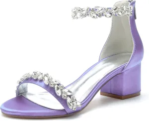 Women's Crystal Satin Wedding Shoes for Bride Low Heels Comfortable Bridal Shoes White Block Heels Chunky Formal Evening Party Prom Sandals Pumps