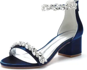 Women's Crystal Satin Wedding Shoes for Bride Low Heels Comfortable Bridal Shoes White Block Heels Chunky Formal Evening Party Prom Sandals Pumps