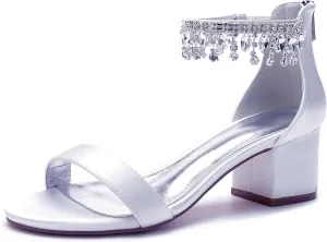 Women's Crystal Satin Wedding Shoes for Bride Low Heels Comfortable Bridal Shoes White Block Heels Chunky Formal Evening Party Prom Sandals Pumps
