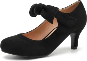 Women's Cute Bow Heels Mary Jane Low Kitten Heel Pumps Closed Toe Bowtie Ankle Strap Hook & Loop Vintage Wedding Evening Party Dress Office Work Church Shoes