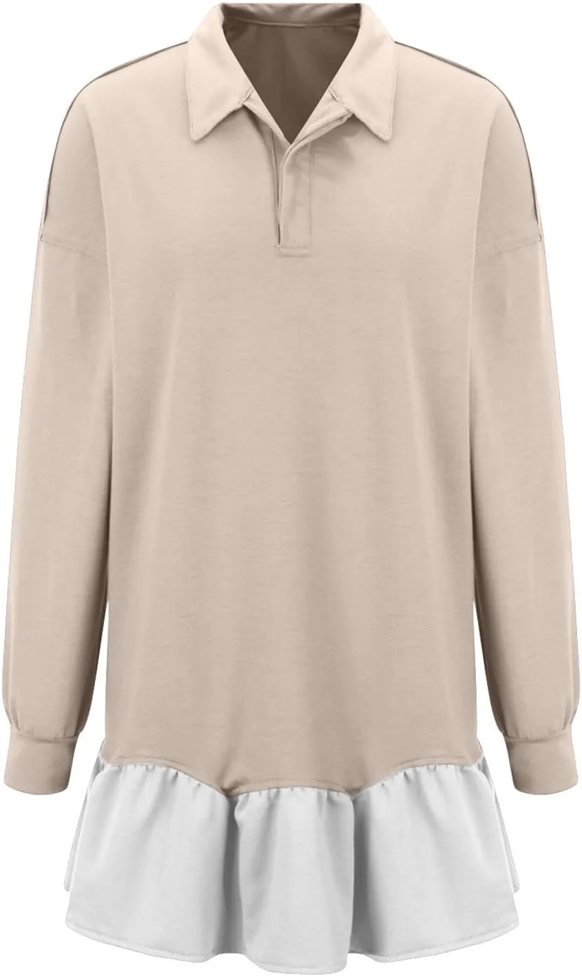 Women's Dress Fall V-Neck Button Down Pleated Color Block Patchwork Sweatshirt Dress Long Sleeve Babydoll Mini Dress