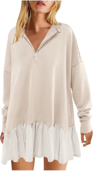 Women's Dress Fall V-Neck Button Down Pleated Color Block Patchwork Sweatshirt Dress Long Sleeve Babydoll Mini Dress