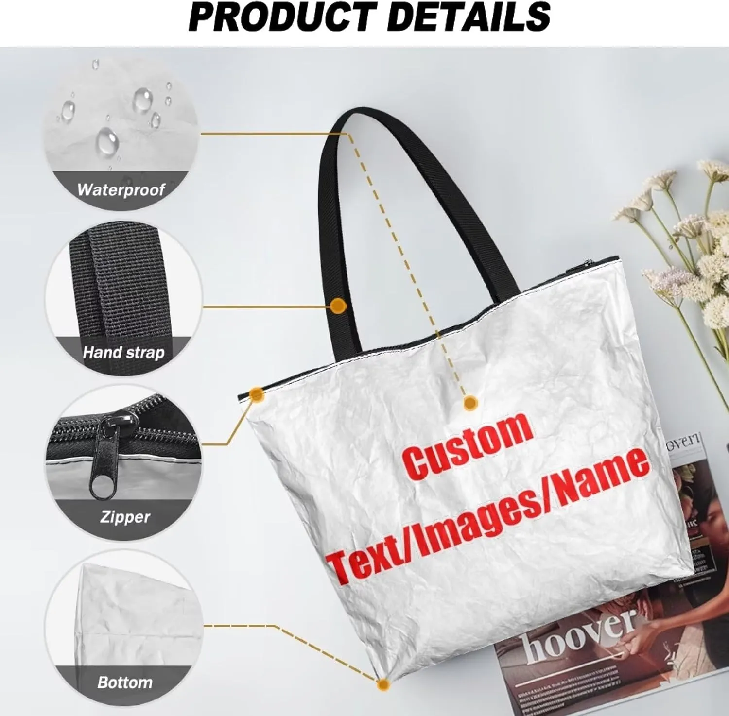 Women’s Dupont Paper Tote Bag Waterproof Shoulder Purse Shopping Grocery Reusable Handbag with Inner Zipper Pocket
